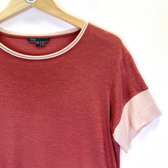 VINCE T-Shirt Rose Pink Colorblock Womens XS Slinky Crewneck Lightweight Jersey - Picture 2 of 7